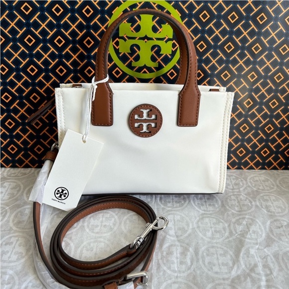 Tory Burch Handbags - Tory Burch Ella Nylon Mini Tote Bag Crossbody Bag Snow White Brown Tan
